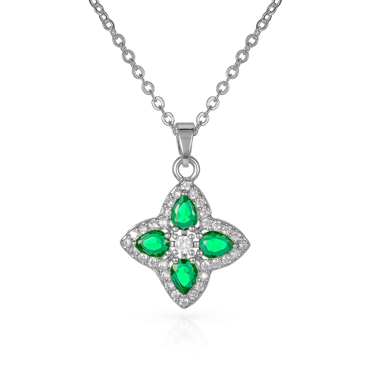 Green Silver Quatrefoil Pendant Necklace With Green Crystal For Women