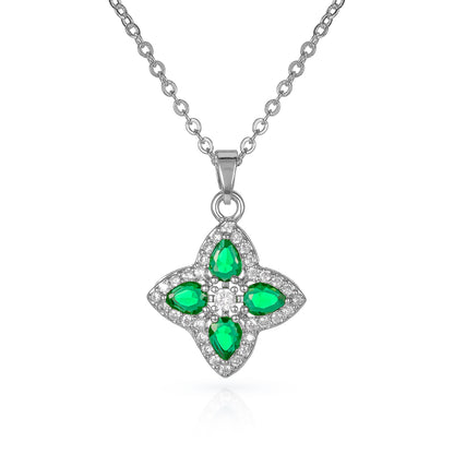 Green Silver Quatrefoil Pendant Necklace With Green Crystal For Women