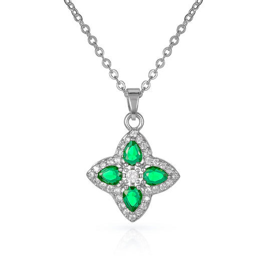Green Silver Quatrefoil Pendant Necklace With Green Crystal For Women