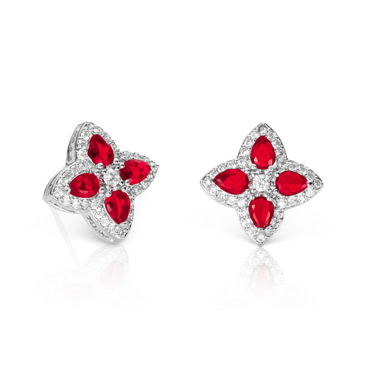 Red Silver Quatrefoil Stud Earrings For Women With Red Pear Shaped Crystals