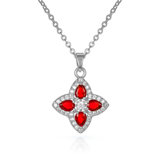 Red Silver Quatrefoil Pendant Necklace With Red Crystal For Women