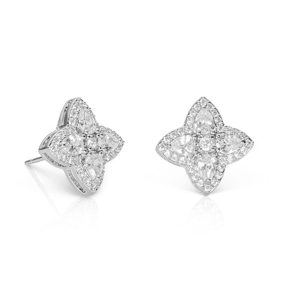 Silver Quatrefoil Stud Earrings With Pear Shaped Cubic Zirconia For Women