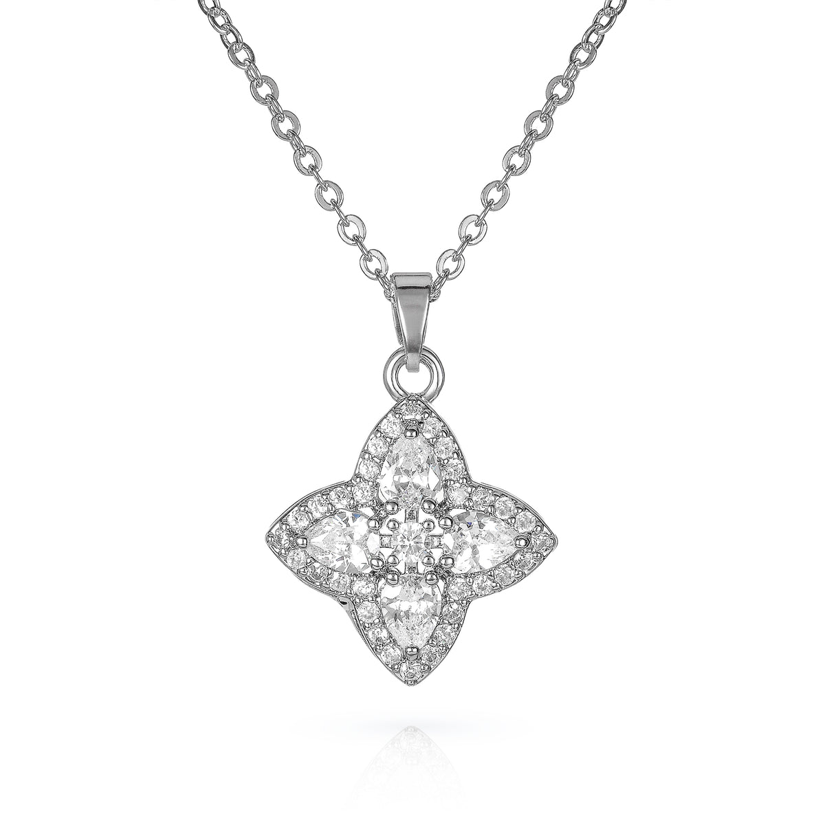 Silver Quatrefoil Pendant Necklace With Cubic Zirconia Stones For Women