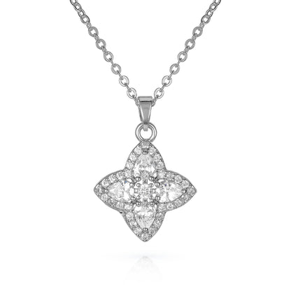 Silver Quatrefoil Pendant Necklace With Cubic Zirconia Stones For Women