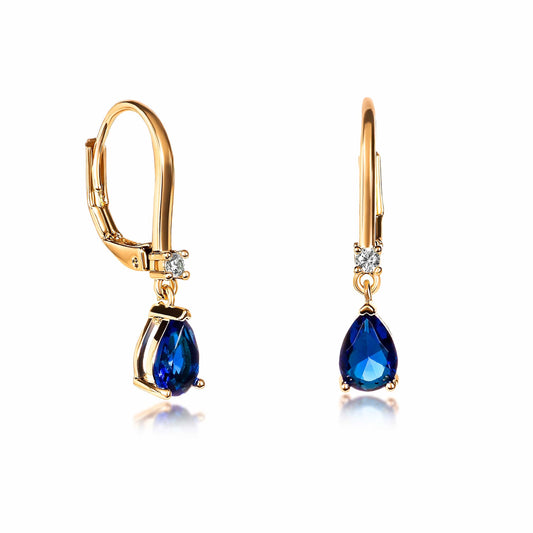 Gold Plated Small Pear Shaped Blue Cubic Zirconia Leverback Drop Earrings For Women