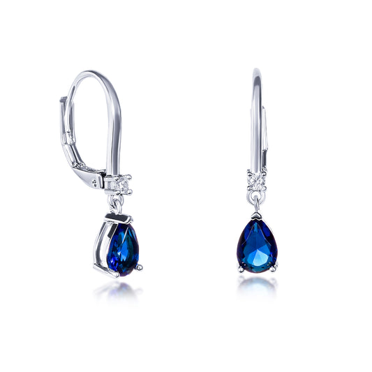 Silver Small Pear Shaped Blue Cubic Zirconia Leverback Drop Earrings For Women