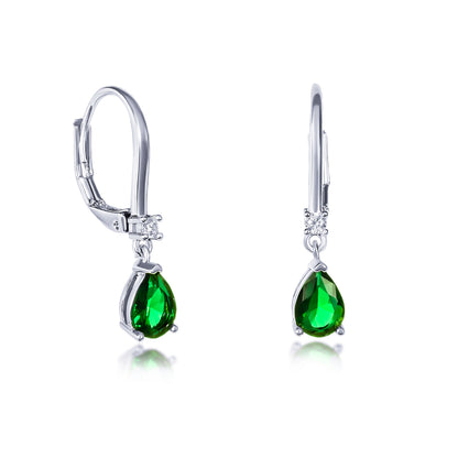Silver Small Pear Shaped Green Cubic Zirconia Leverback Drop Earrings For Women