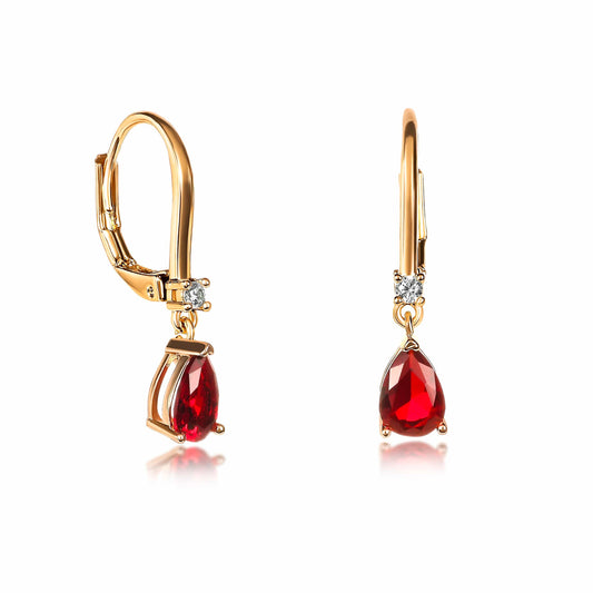 Gold Plated Small Pear Shaped Red Cubic Zirconia Leverback Drop Earrings For Women