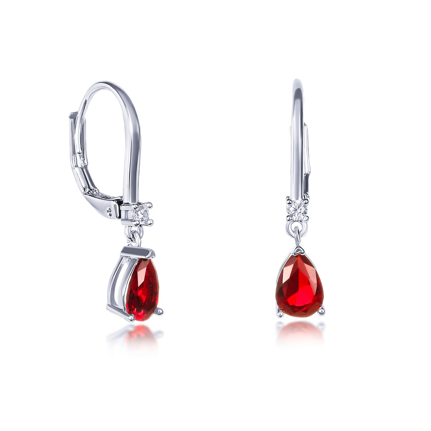 Silver Small Pear Shaped Red Cubic Zirconia Leverback Drop Earrings For Women