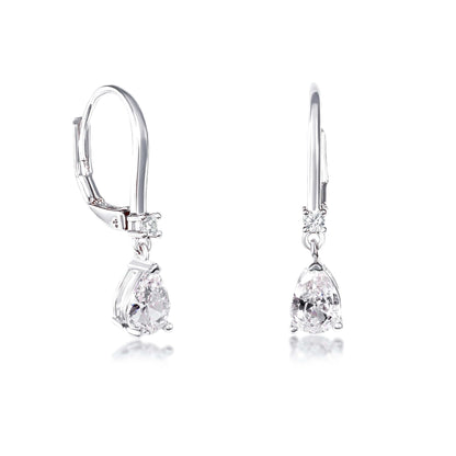 Silver Small Pear Shaped Clear Cubic Zirconia Leverback Drop Earrings For Women