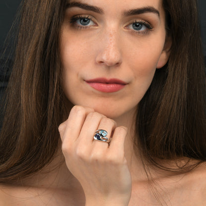 925 Sterling Silver Ring with Pear-Shaped Blue Topaz & Iolite Gemstones