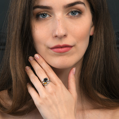 925 Sterling Silver Ring with Pear-Shaped Citrine & Smoky Quartz Gemstones