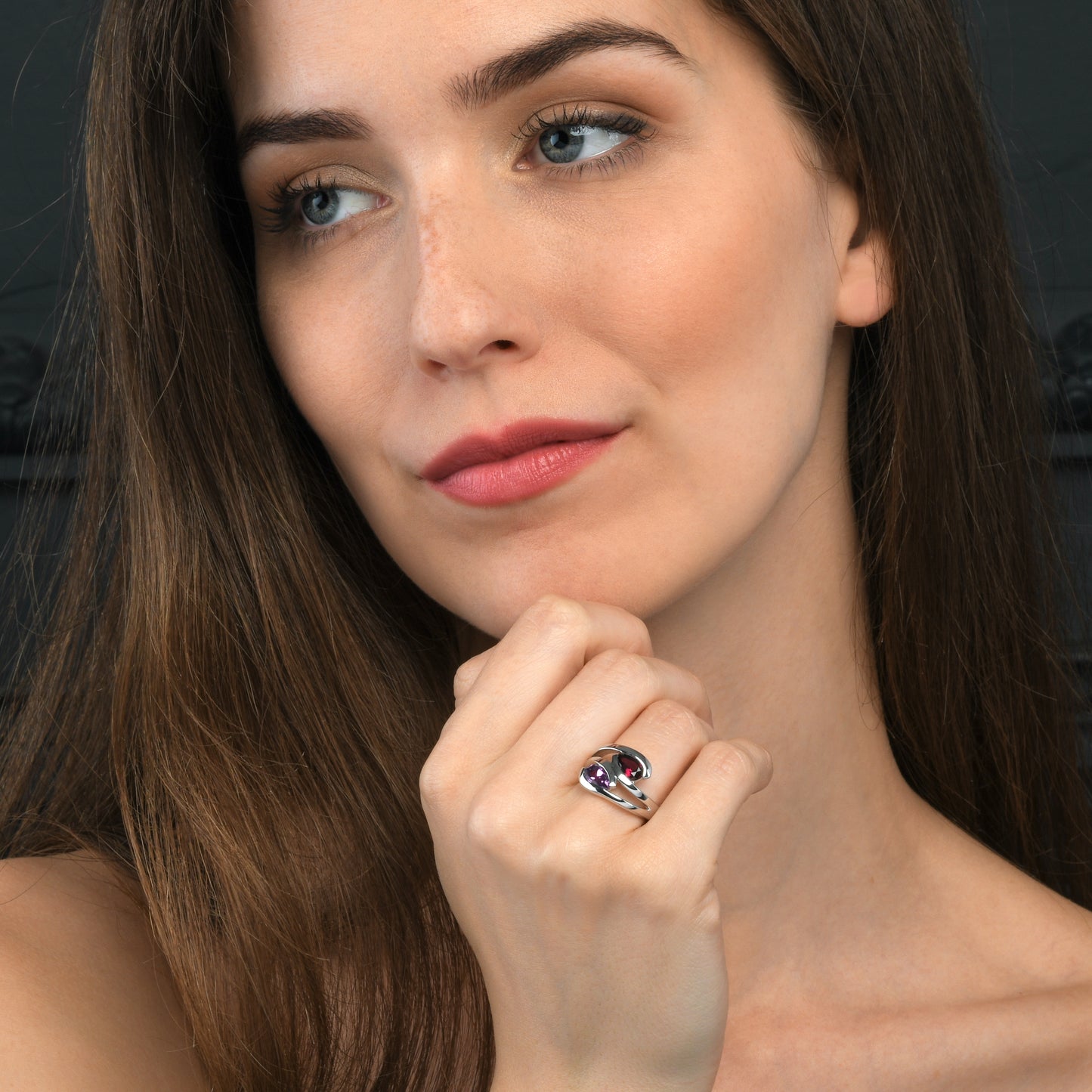 925 Sterling Silver Ring with Pear-Shaped Amethyst & Rhodolite Gemstones