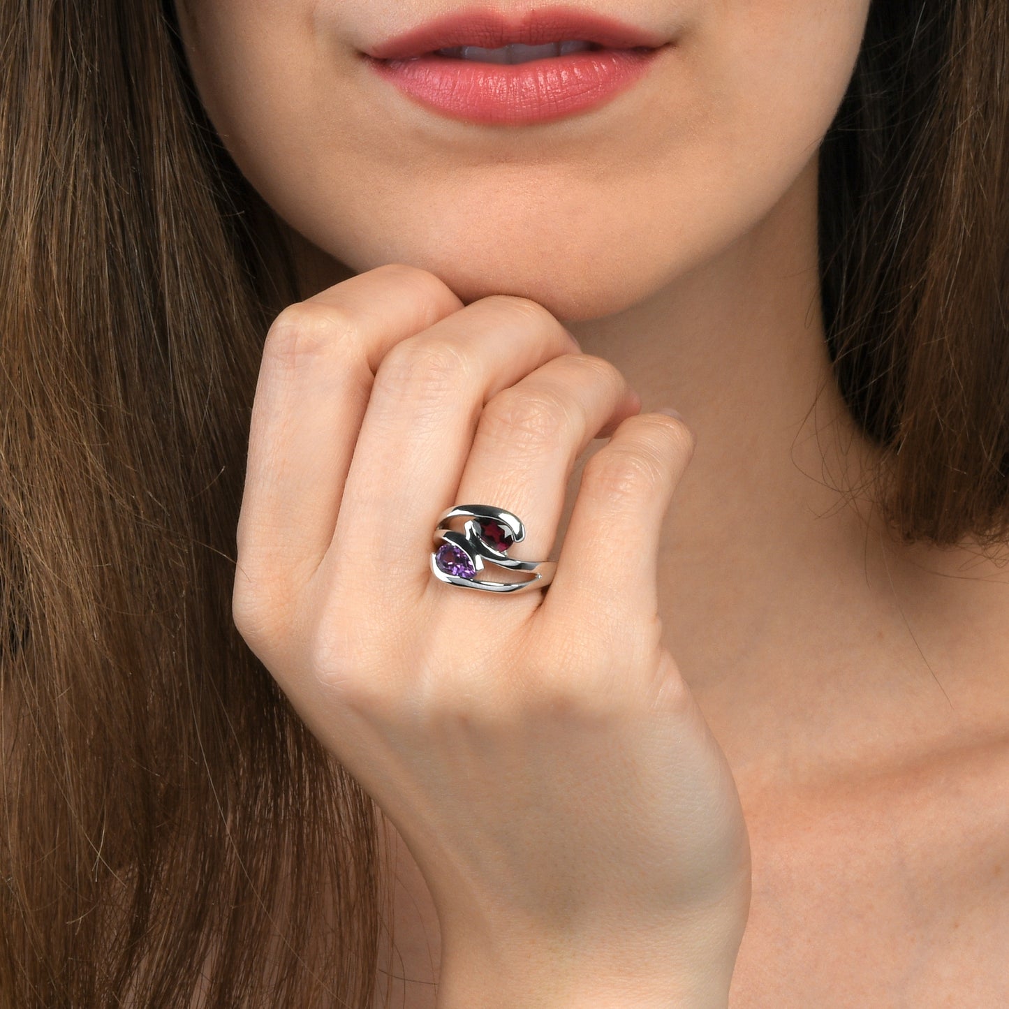925 Sterling Silver Ring with Pear-Shaped Amethyst & Rhodolite Gemstones