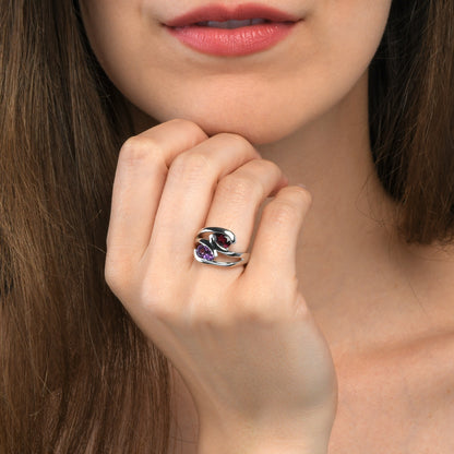 925 Sterling Silver Ring with Pear-Shaped Amethyst & Rhodolite Gemstones