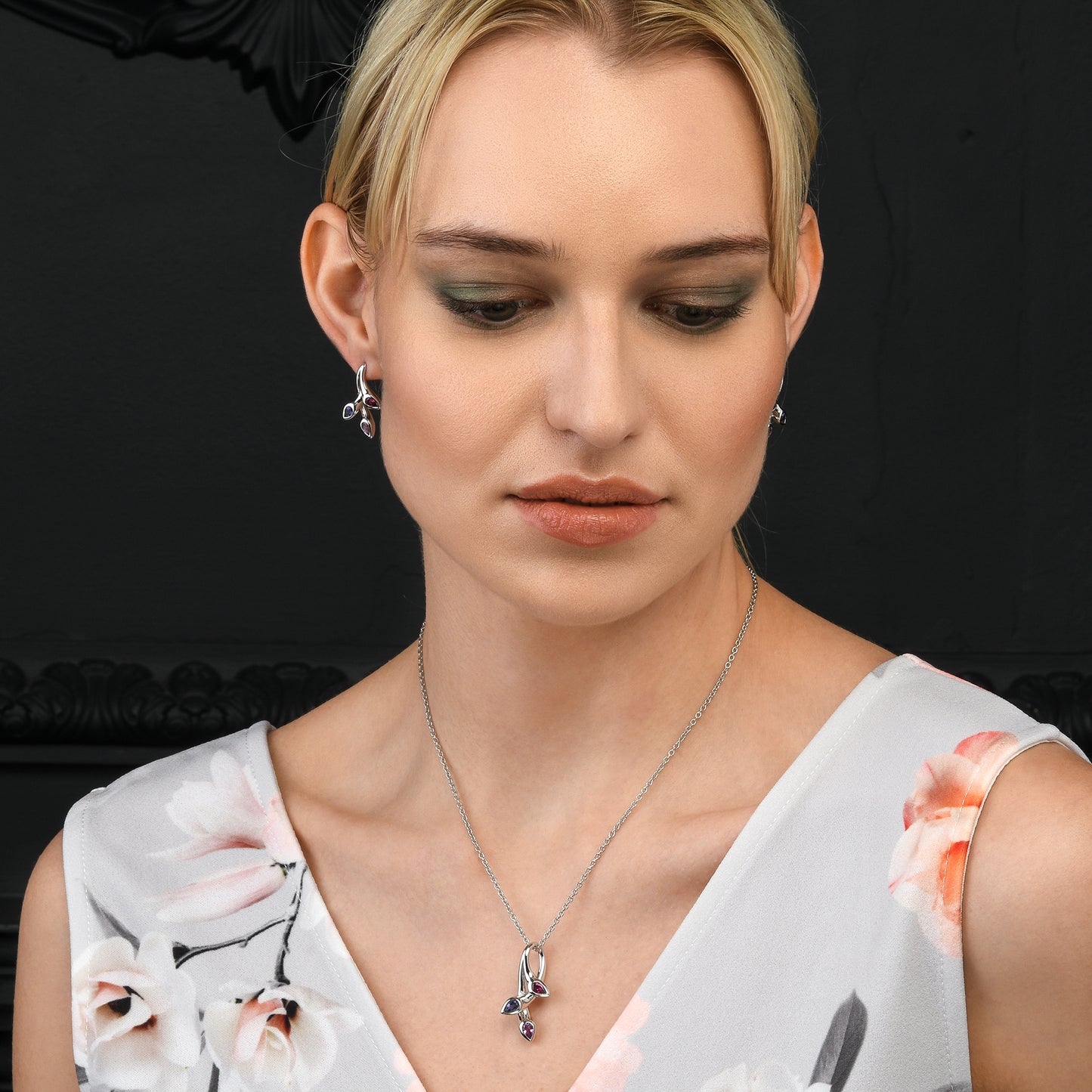 925 Sterling Silver Pendant Necklace with Natural Amethyst, Rhodolite & Iolite Gemstones