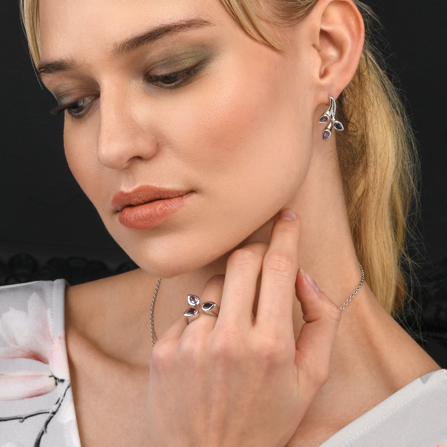 925 Sterling Silver Wide Ring for Women with Amethyst, Rhodolite and Iolite Gemstones