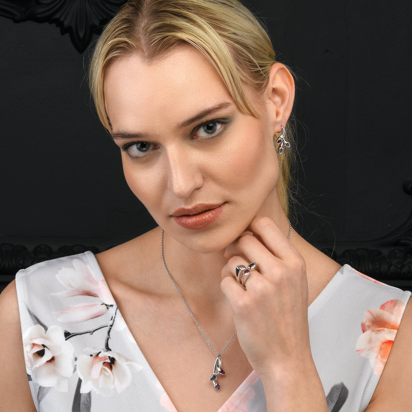 925 Sterling Silver Wide Ring for Women with Amethyst, Rhodolite and Iolite Gemstones