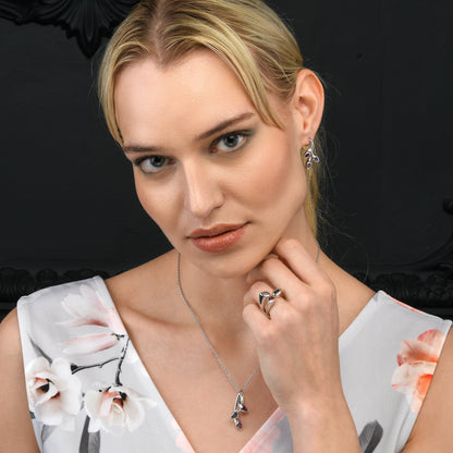 925 Sterling Silver Wide Ring for Women with Amethyst, Rhodolite and Iolite Gemstones