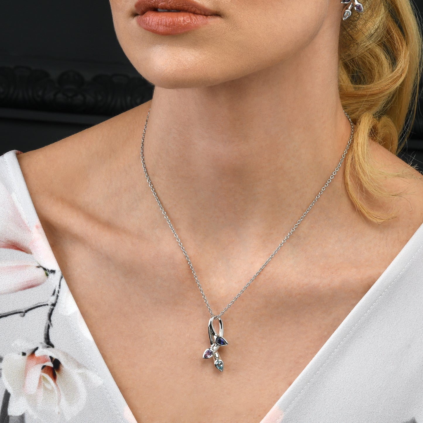925 Sterling Silver Pendant Necklace with Natural Amethyst, Blue Topaz & Iolite Gemstones