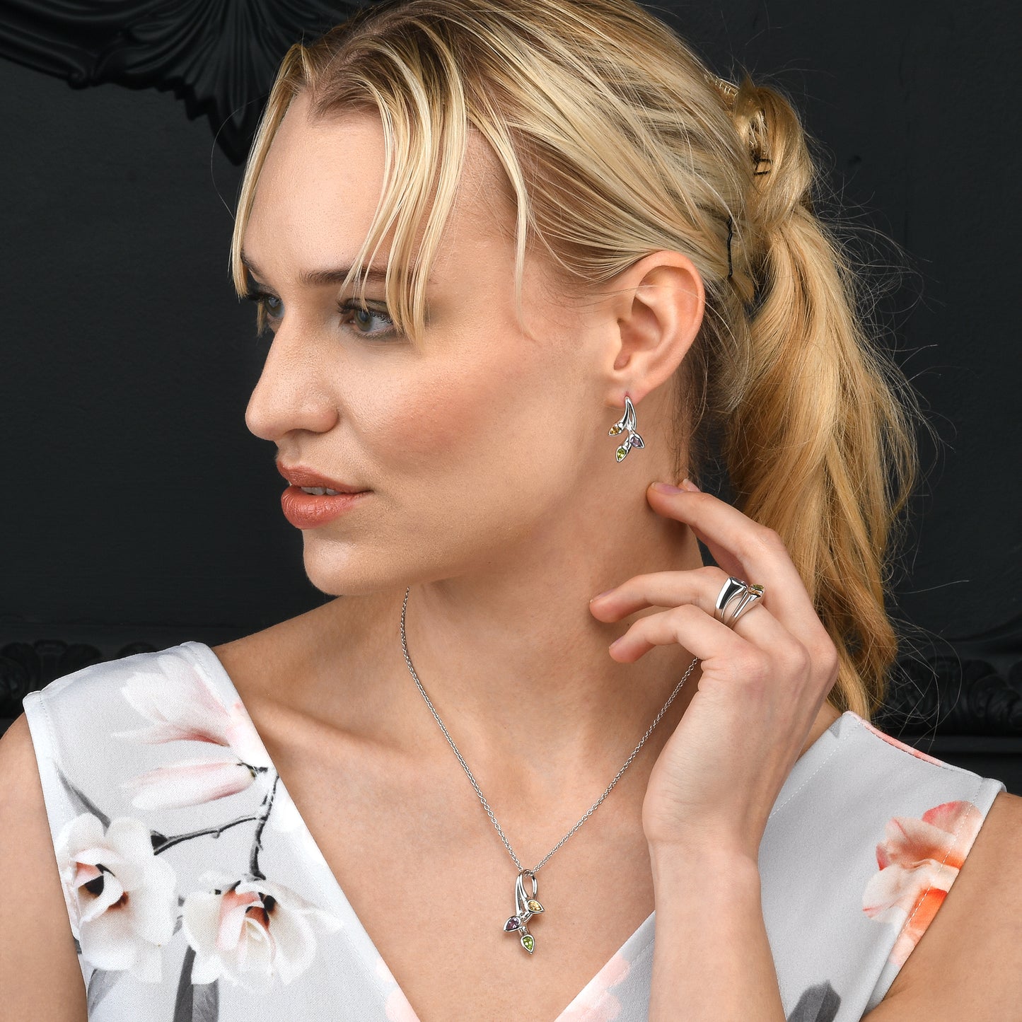 925 Sterling Silver Wide Ring for Women with Peridot, Citrine and Amethyst Gemstones