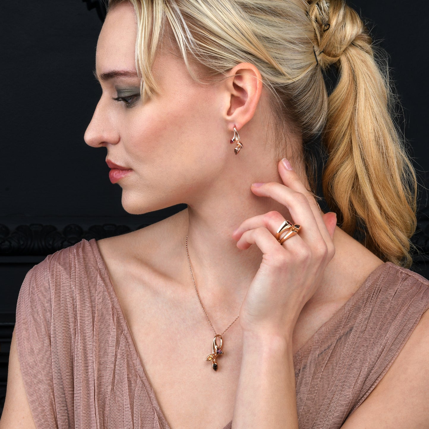 Rose gold Vermeil Pendant Necklace with Natural Smoky Quartz, Citrine, Rhodolite Gemstones