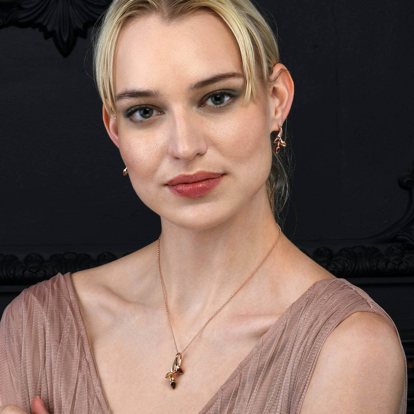 Rose gold Vermeil Pendant Necklace with Natural Smoky Quartz, Citrine, Rhodolite Gemstones