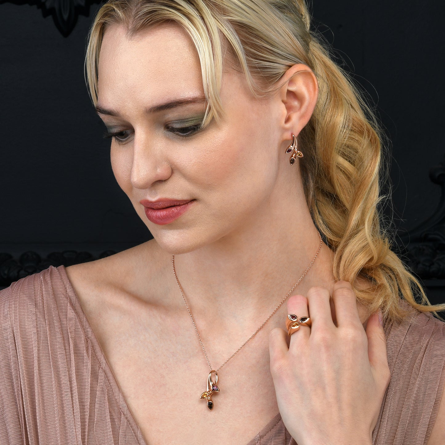 Rose Gold Vermeil Wide Ring for Women with Smoky Quartz, Citrine and Rhodolite Gemstones