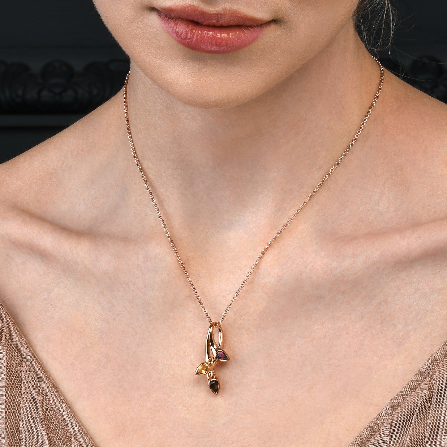 Rose gold Vermeil Pendant Necklace with Natural Smoky Quartz, Citrine, Rhodolite Gemstones