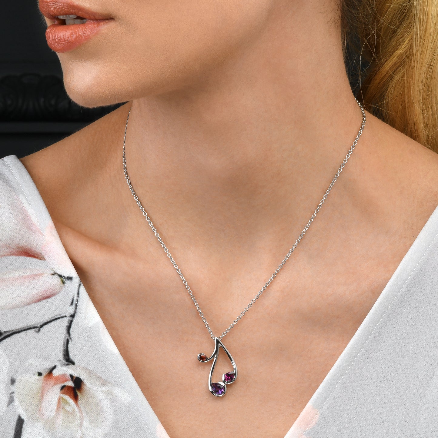 Sterling Silver Pendant Necklace with Natural Rhodolite, Amethyst and Garnet Gemstones