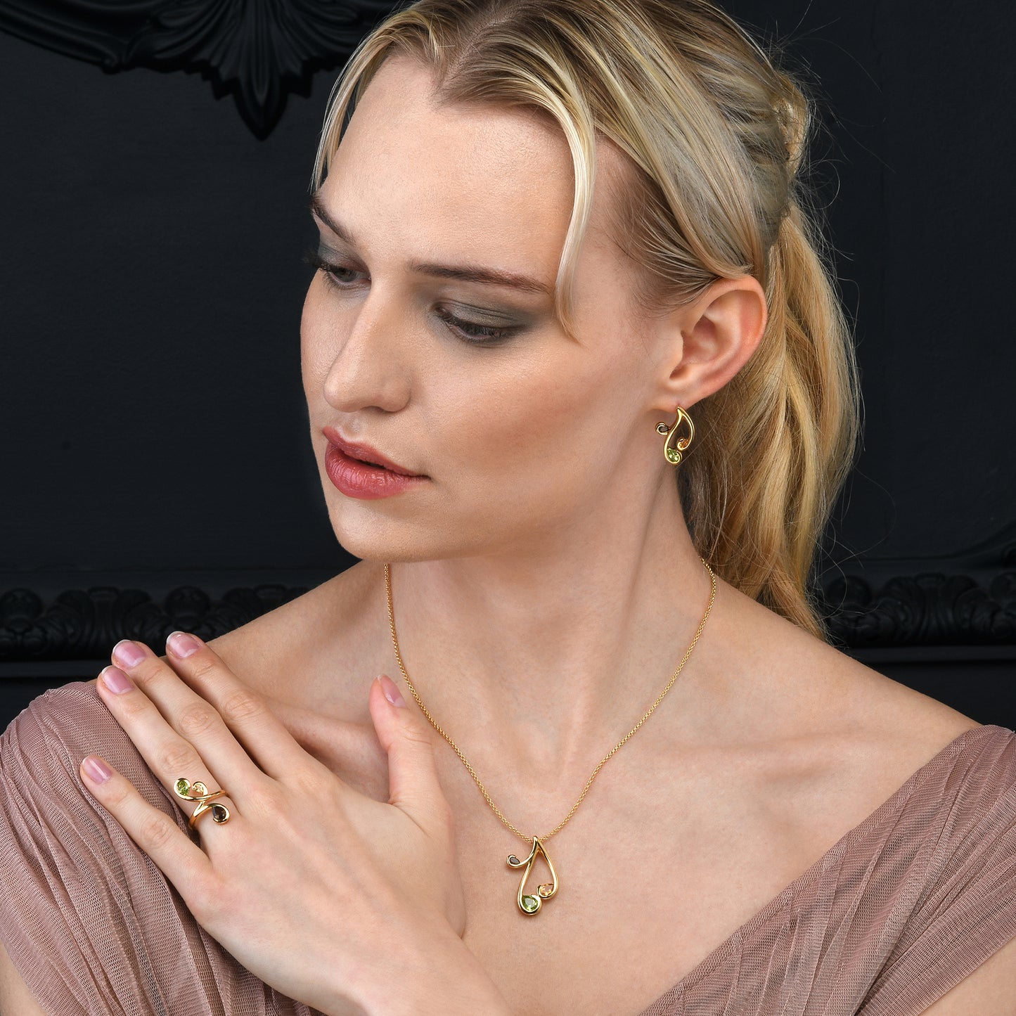 Gold Vermeil Pendant Necklace with Natural Peridot, Citrine and Smoky Quartz Gemstones