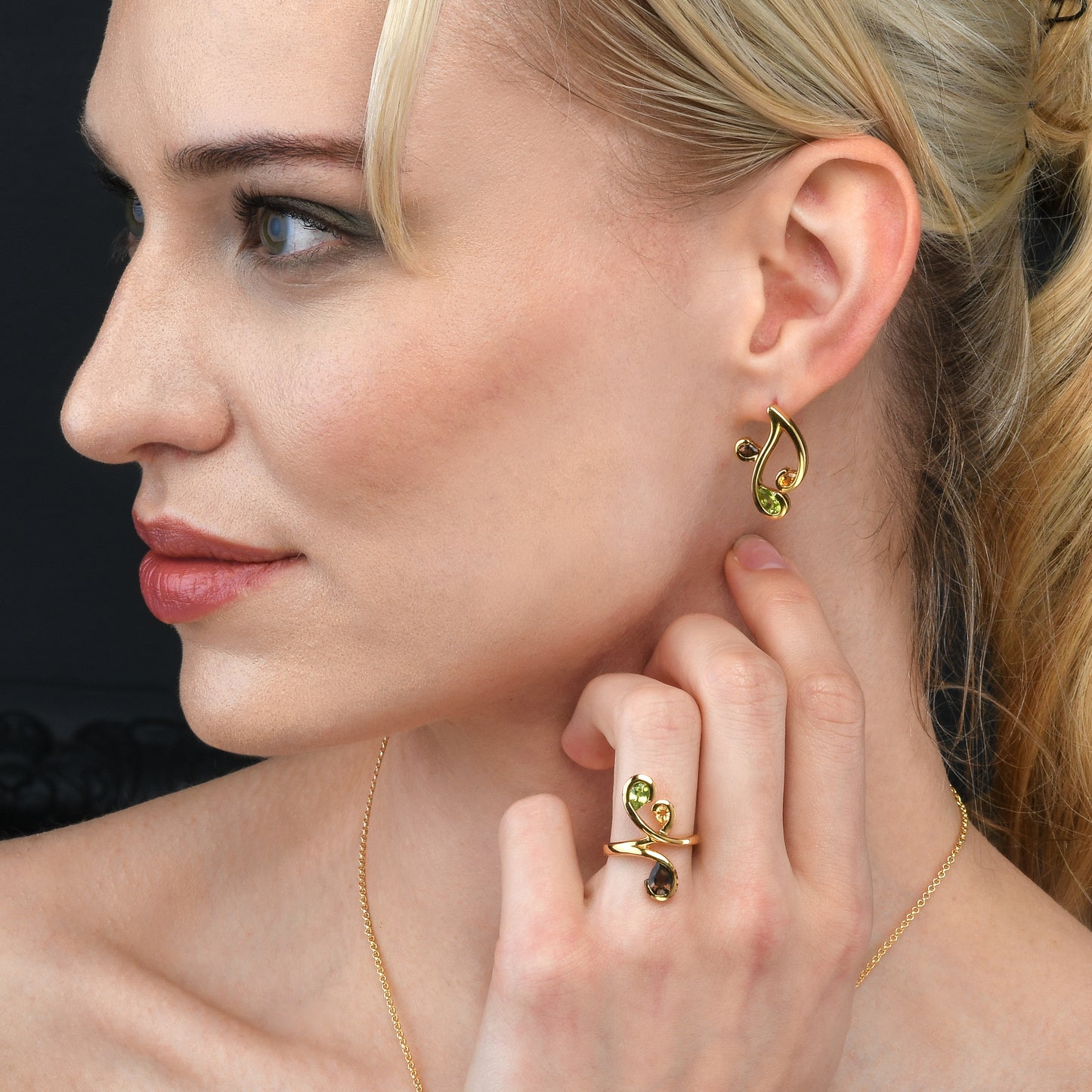 Gold Vermeil Floral Ring with Peridot, Citrine and Smoky Quartz Gemstones