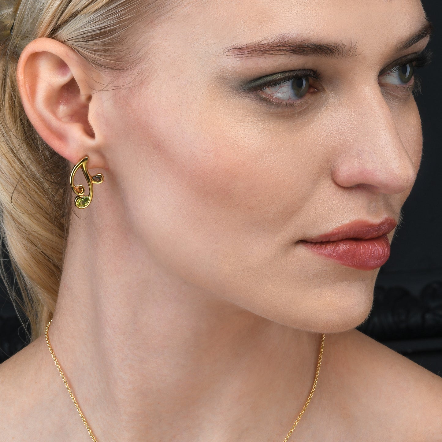 Gold Vermeil Floral Stud Earrings with Natural Peridot, Citrine and Smoky Quartz Gemstones