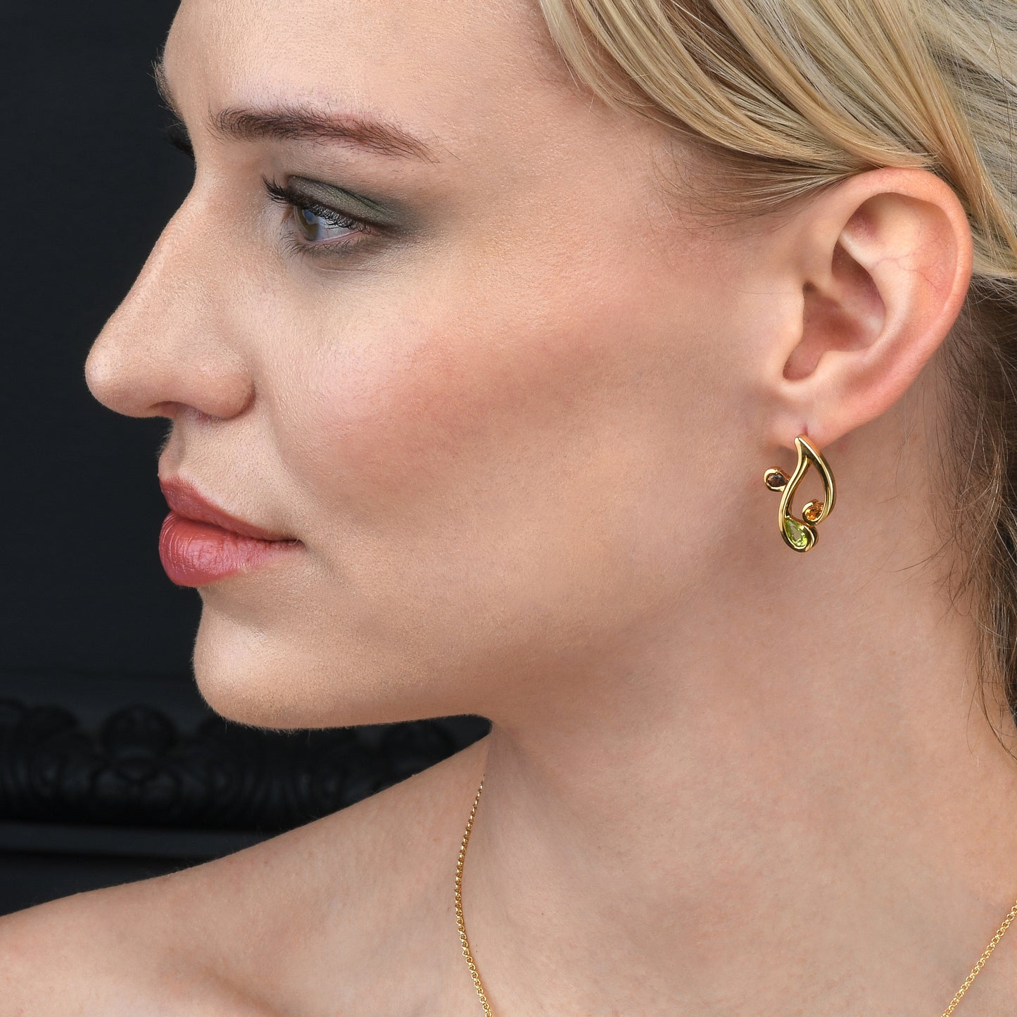 Gold Vermeil Floral Stud Earrings with Natural Peridot, Citrine and Smoky Quartz Gemstones