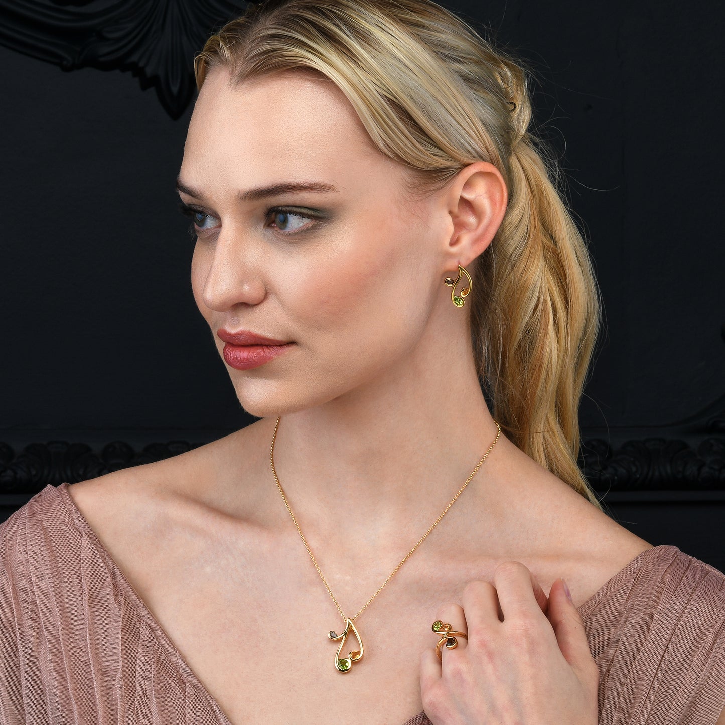 Gold Vermeil Pendant Necklace with Natural Peridot, Citrine and Smoky Quartz Gemstones