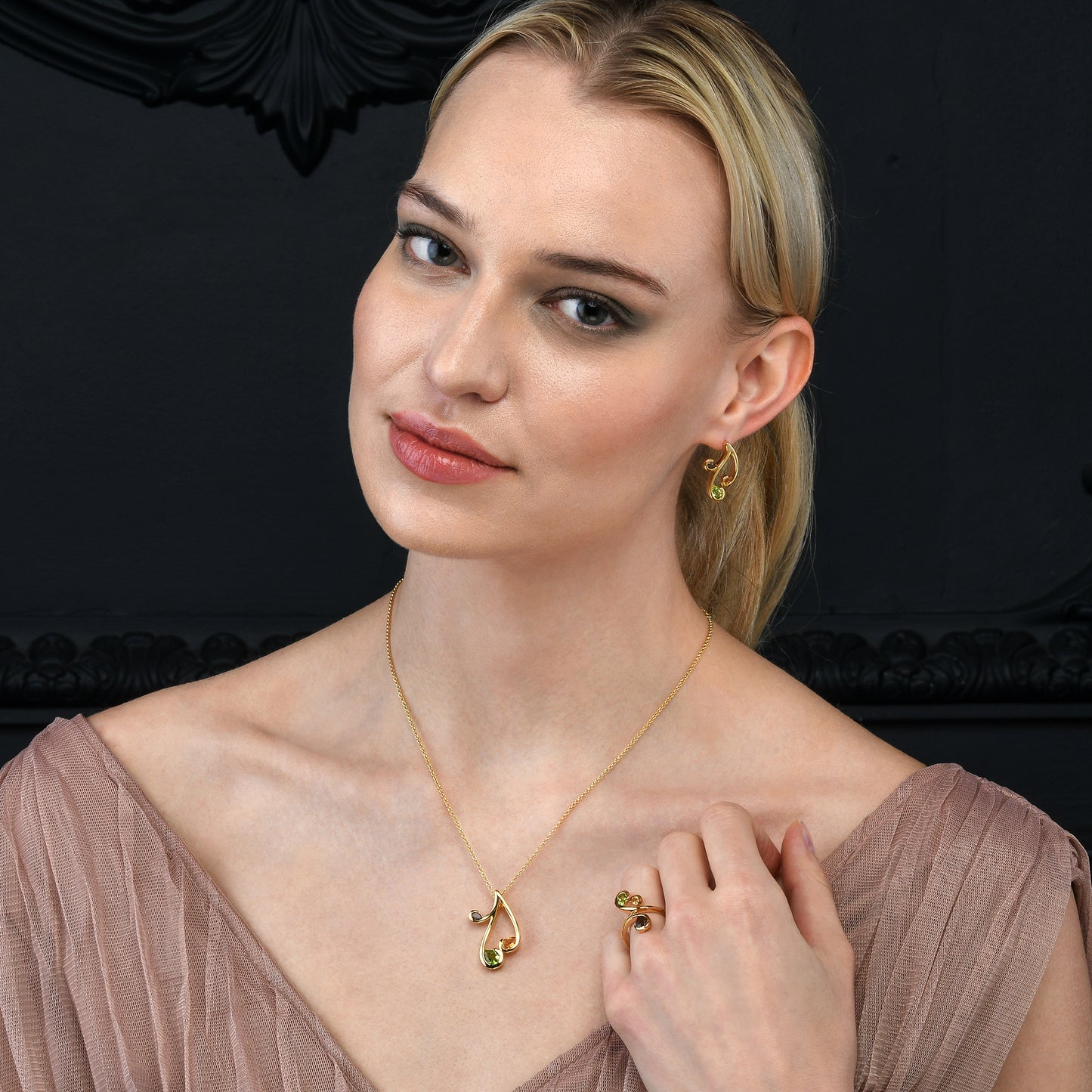 Gold Vermeil Pendant Necklace with Natural Peridot, Citrine and Smoky Quartz Gemstones