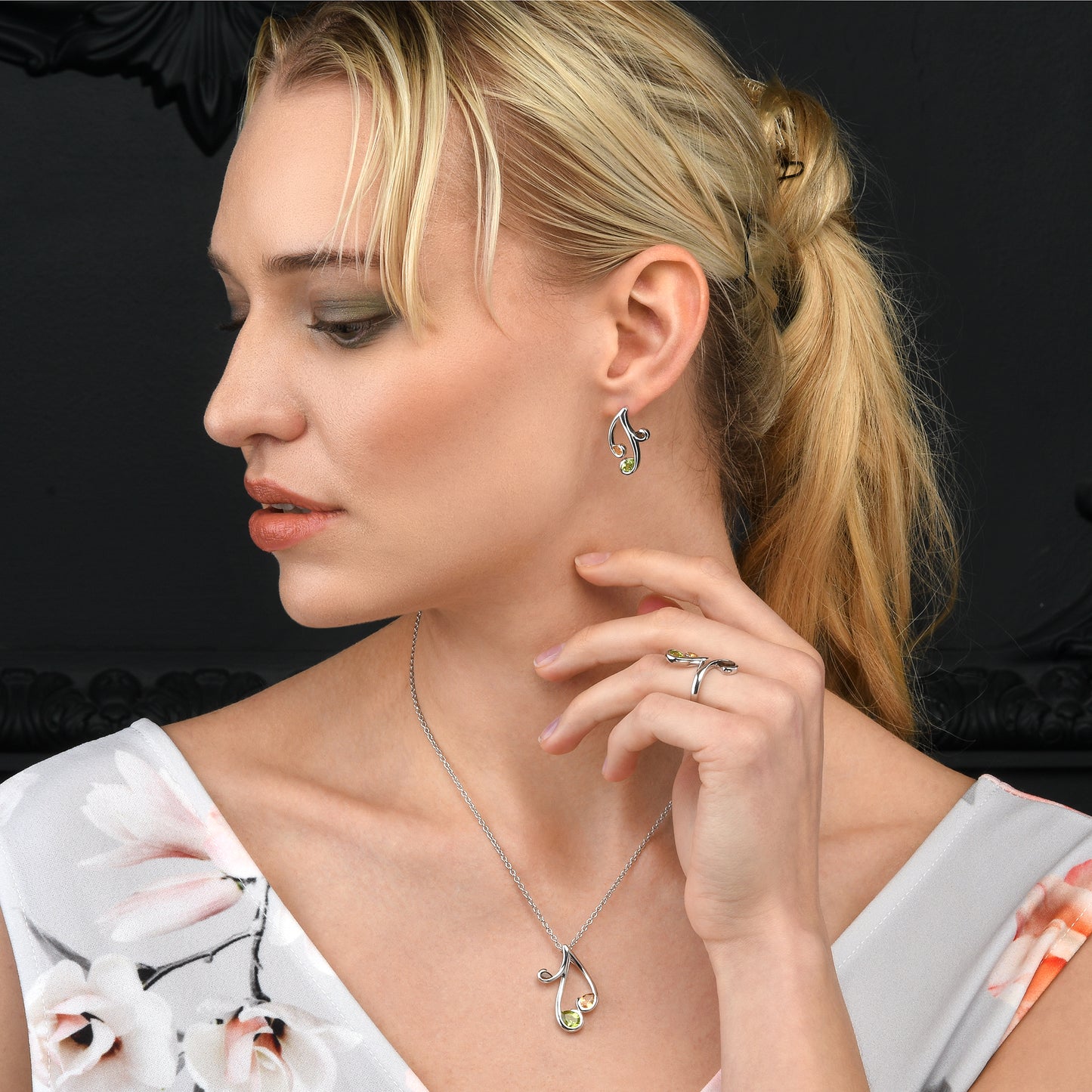 Floral Sterling Silver Ring with Peridot, Citrine and Smoky Quartz Gemstones