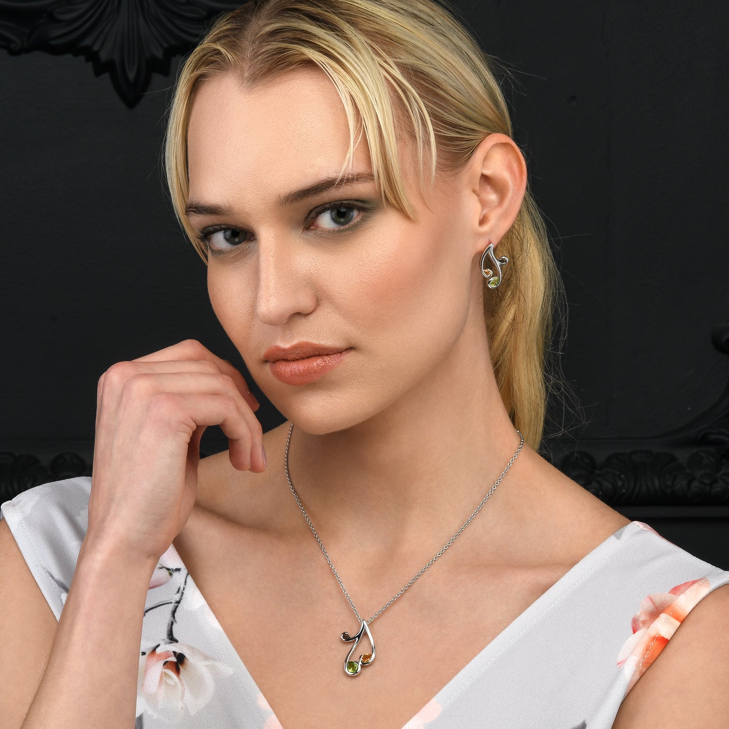 Sterling Silver Pendant Necklace with Natural Peridot, Citrine and Smoky Quartz Gemstones
