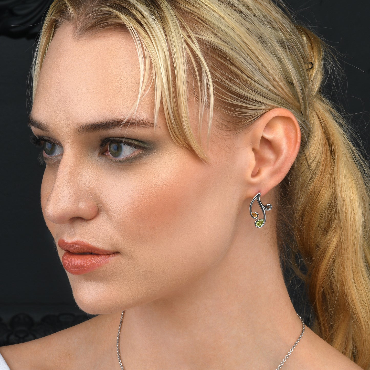 Sterling Silver Floral Stud Earrings with Natural Peridot, Citrine and Smoky Quartz Gemstones