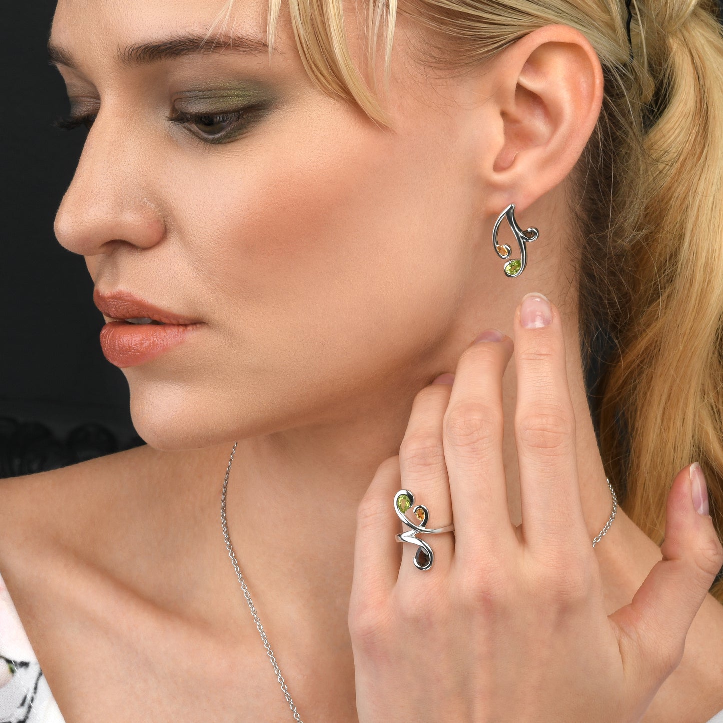 Floral Sterling Silver Ring with Peridot, Citrine and Smoky Quartz Gemstones