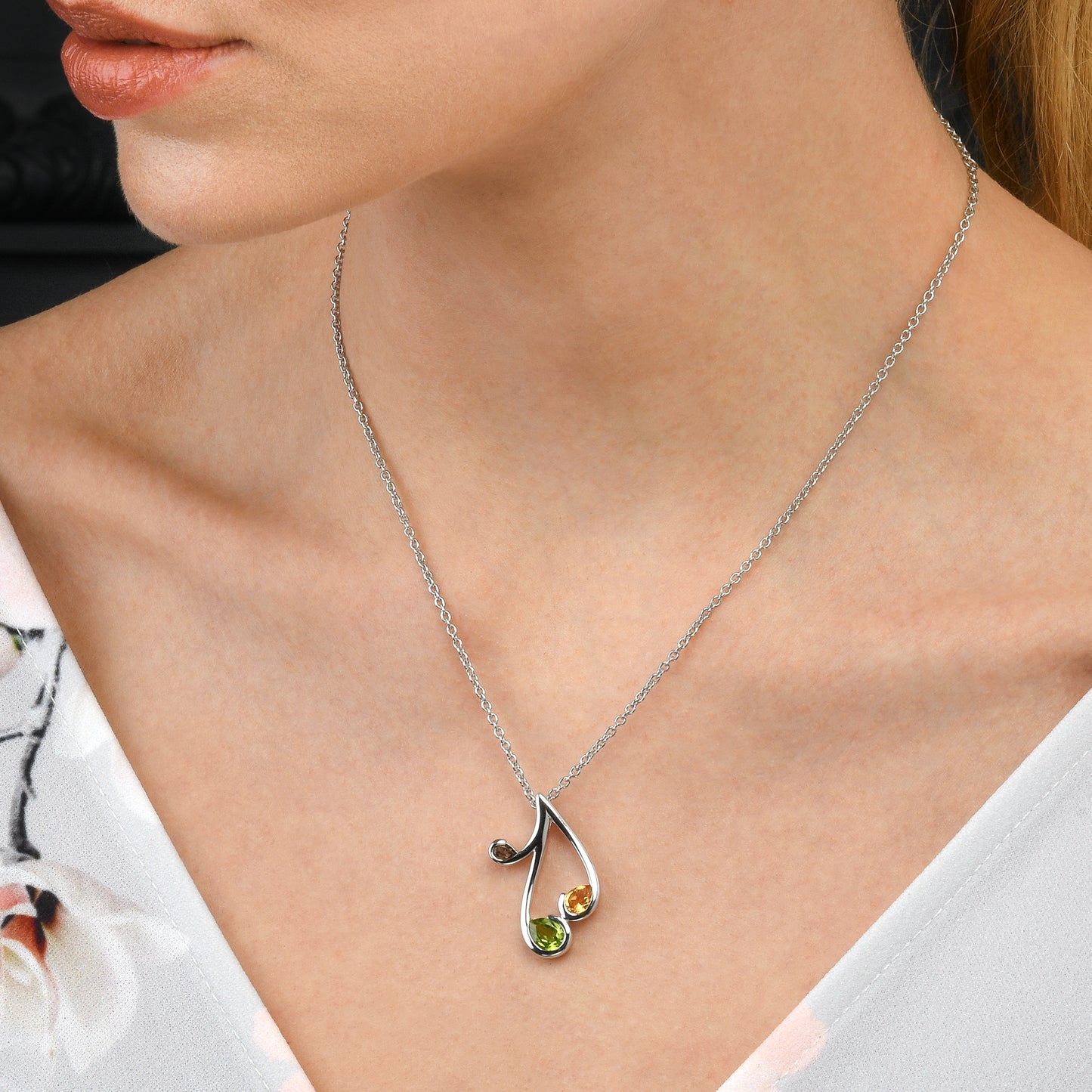 Sterling Silver Pendant Necklace with Natural Peridot, Citrine and Smoky Quartz Gemstones