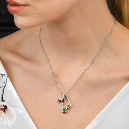 Sterling Silver Pendant Necklace with Natural Peridot, Citrine and Smoky Quartz Gemstones