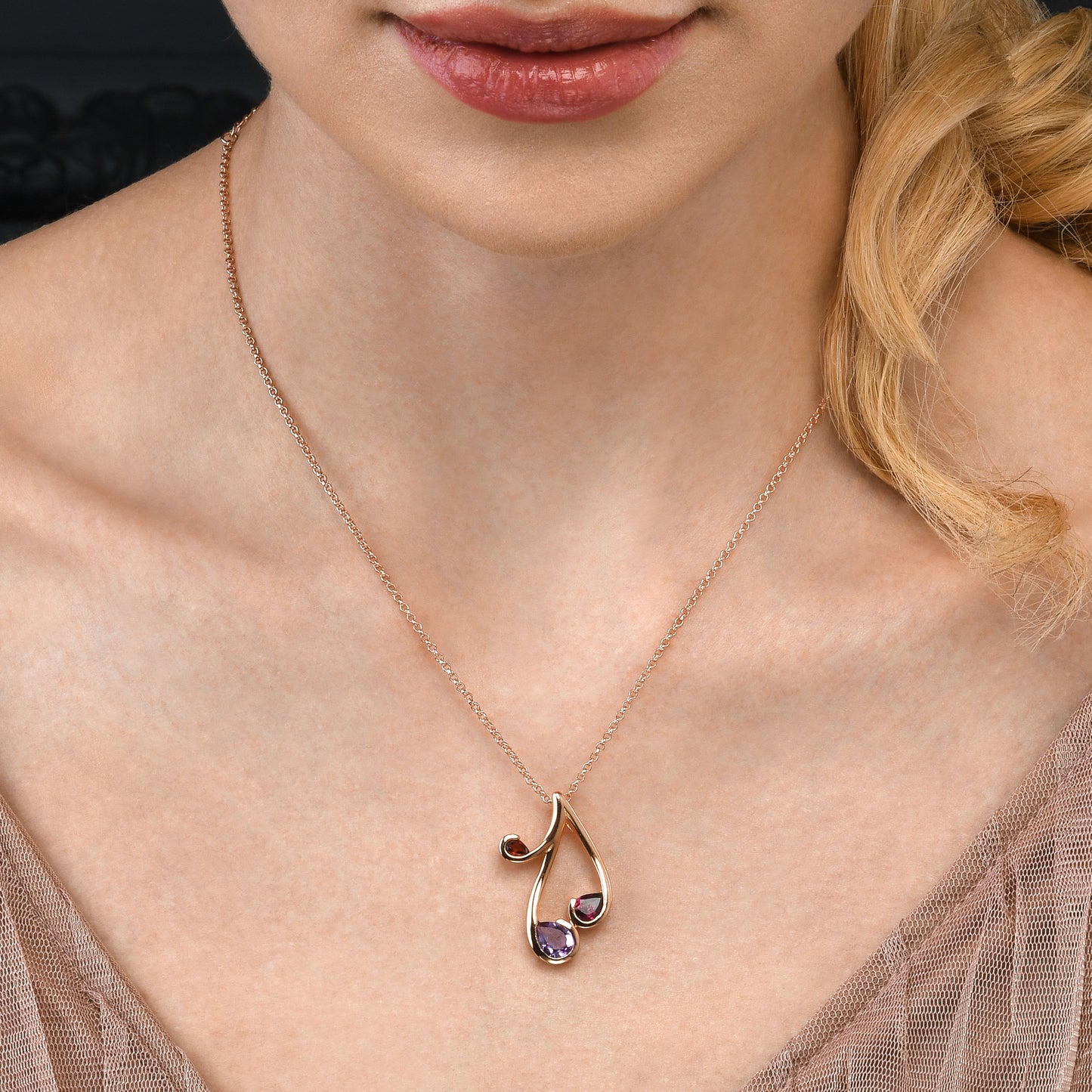 Rose Gold Vermeil Pendant Necklace with Natural Rhodolite, Amethyst and Garnet Gemstones