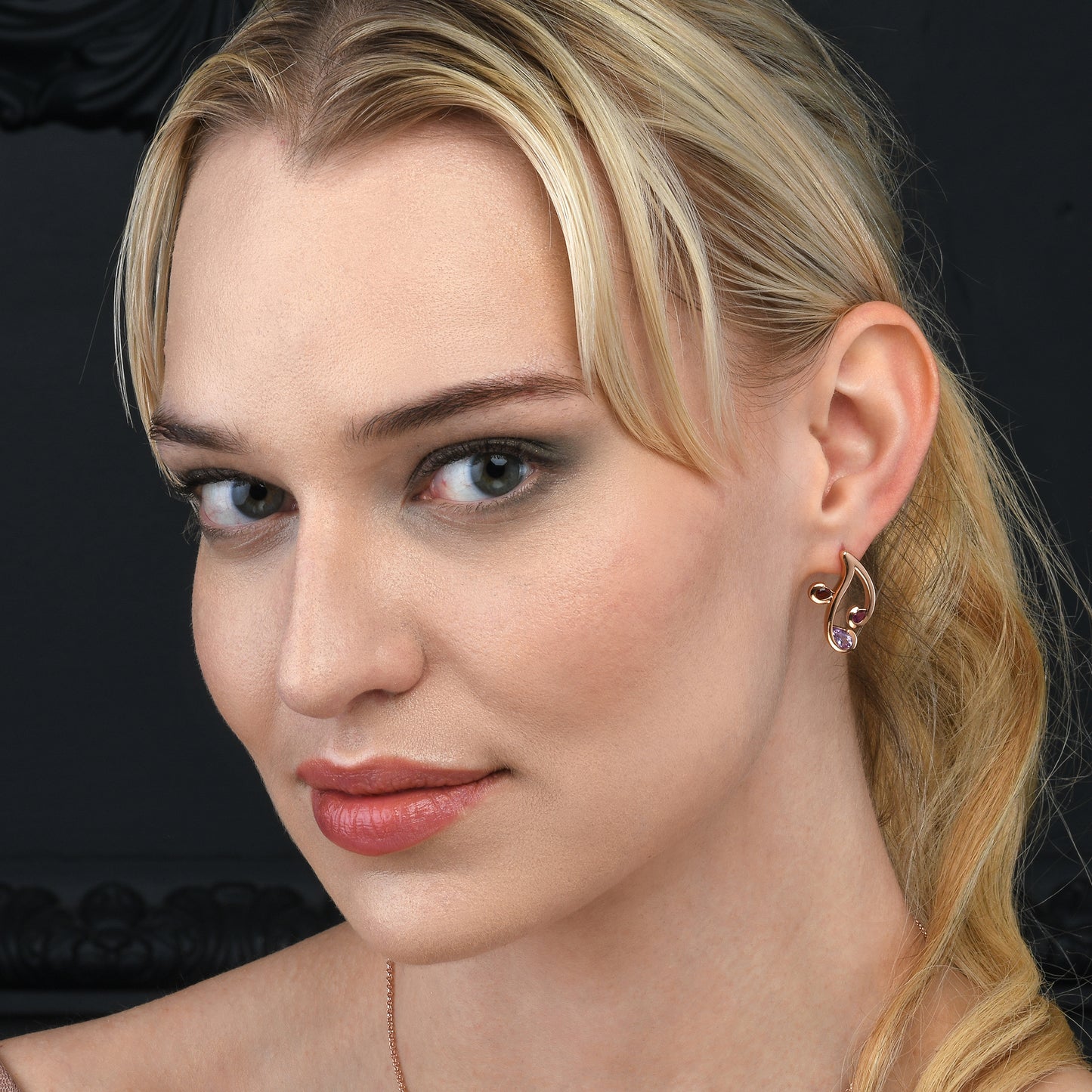 Rose Gold Vermeil Floral Stud Earrings with Natural Rhodolite, Amethyst and Garnet Gemstones