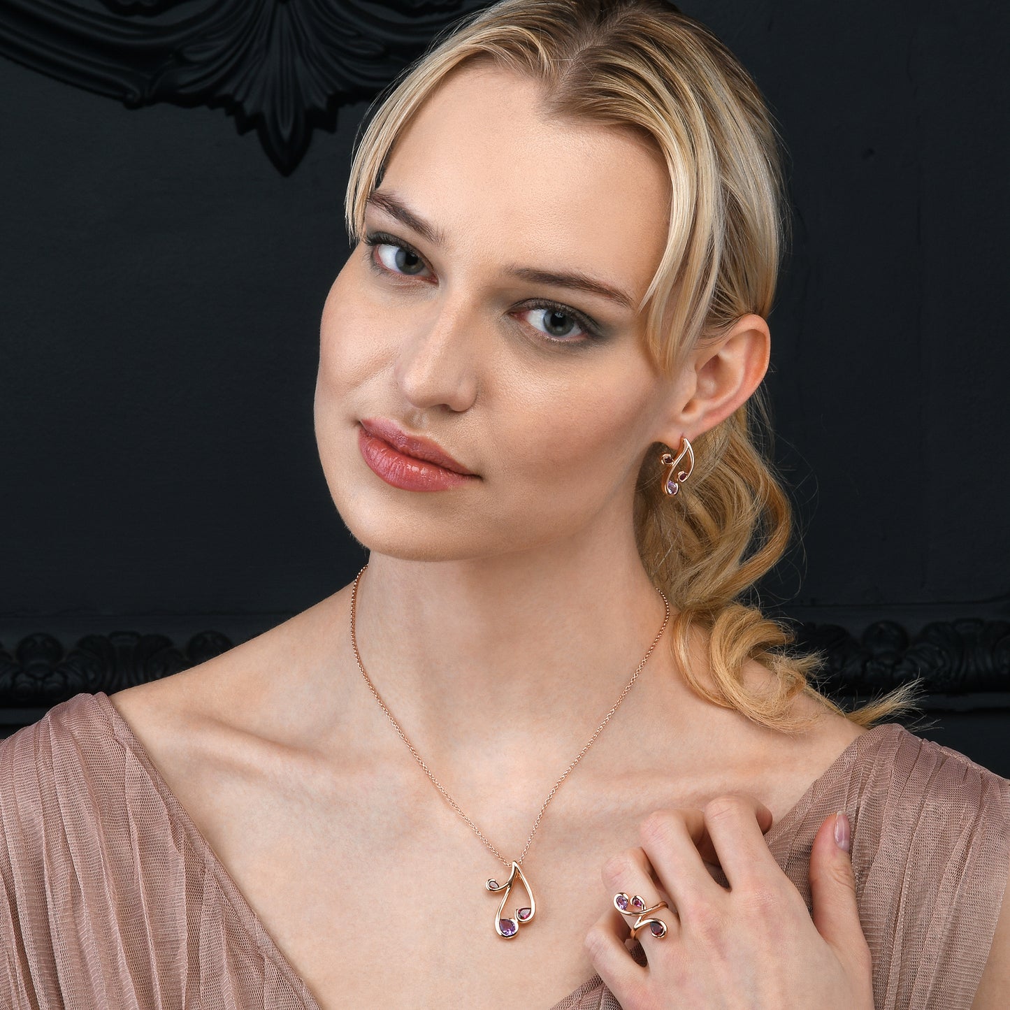 Rose Gold Vermeil Pendant Necklace with Natural Rhodolite, Amethyst and Garnet Gemstones