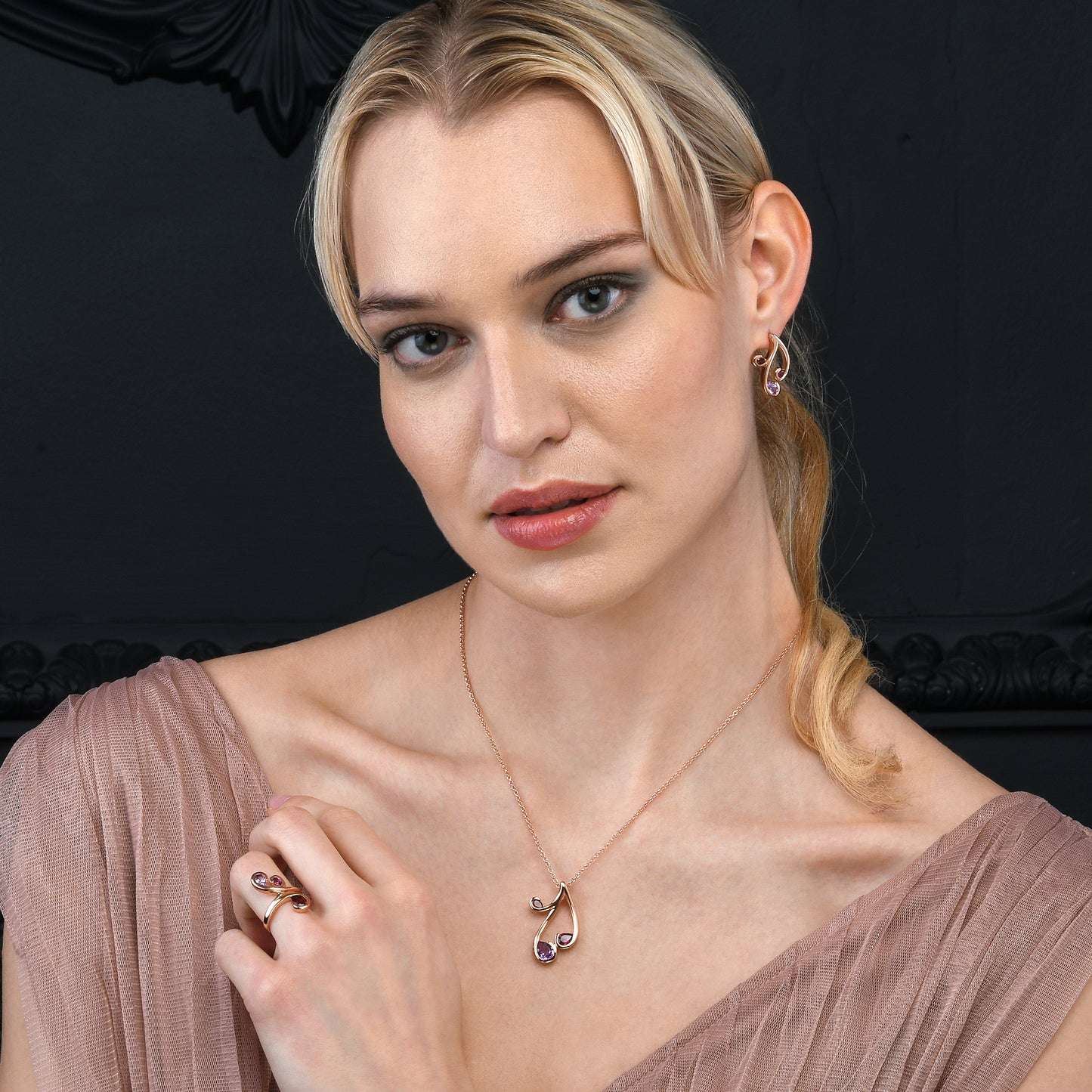 Rose Gold Vermeil Floral Stud Earrings with Natural Rhodolite, Amethyst and Garnet Gemstones