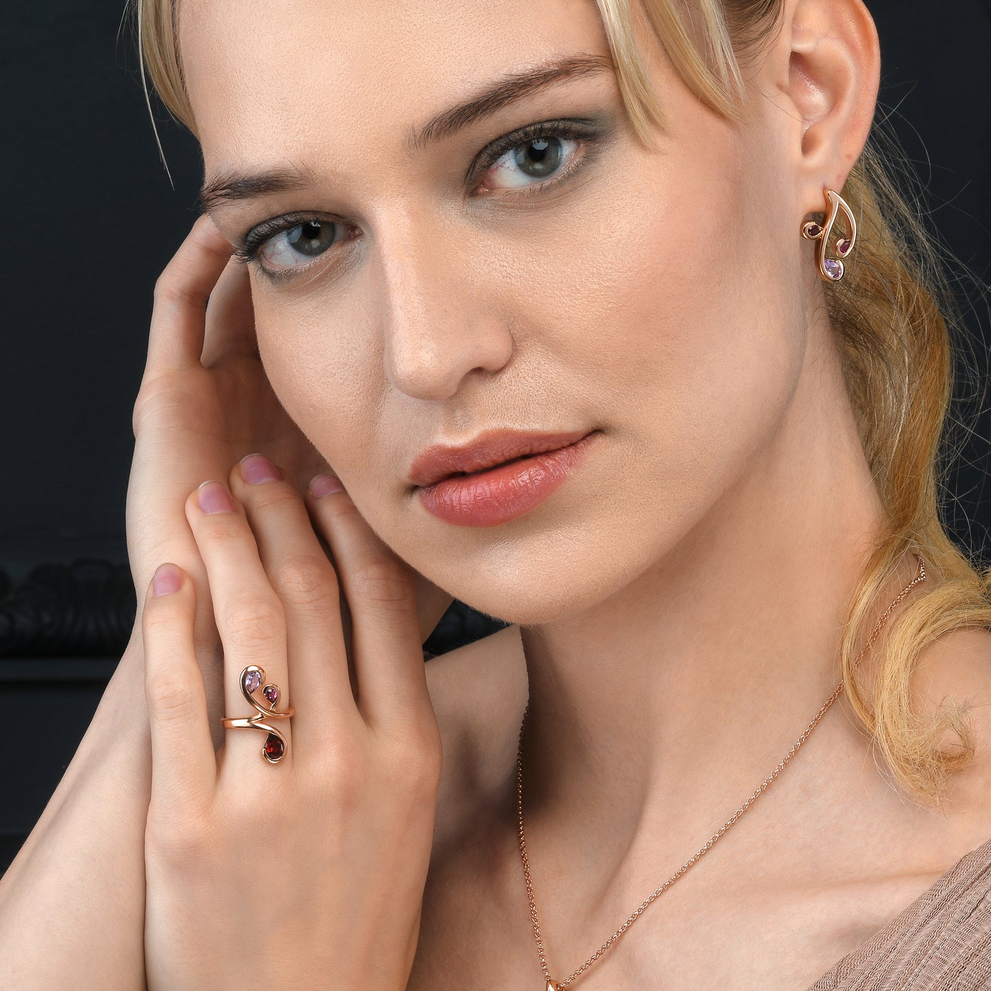 Rose Gold Vermeil Floral Stud Earrings with Natural Rhodolite, Amethyst and Garnet Gemstones