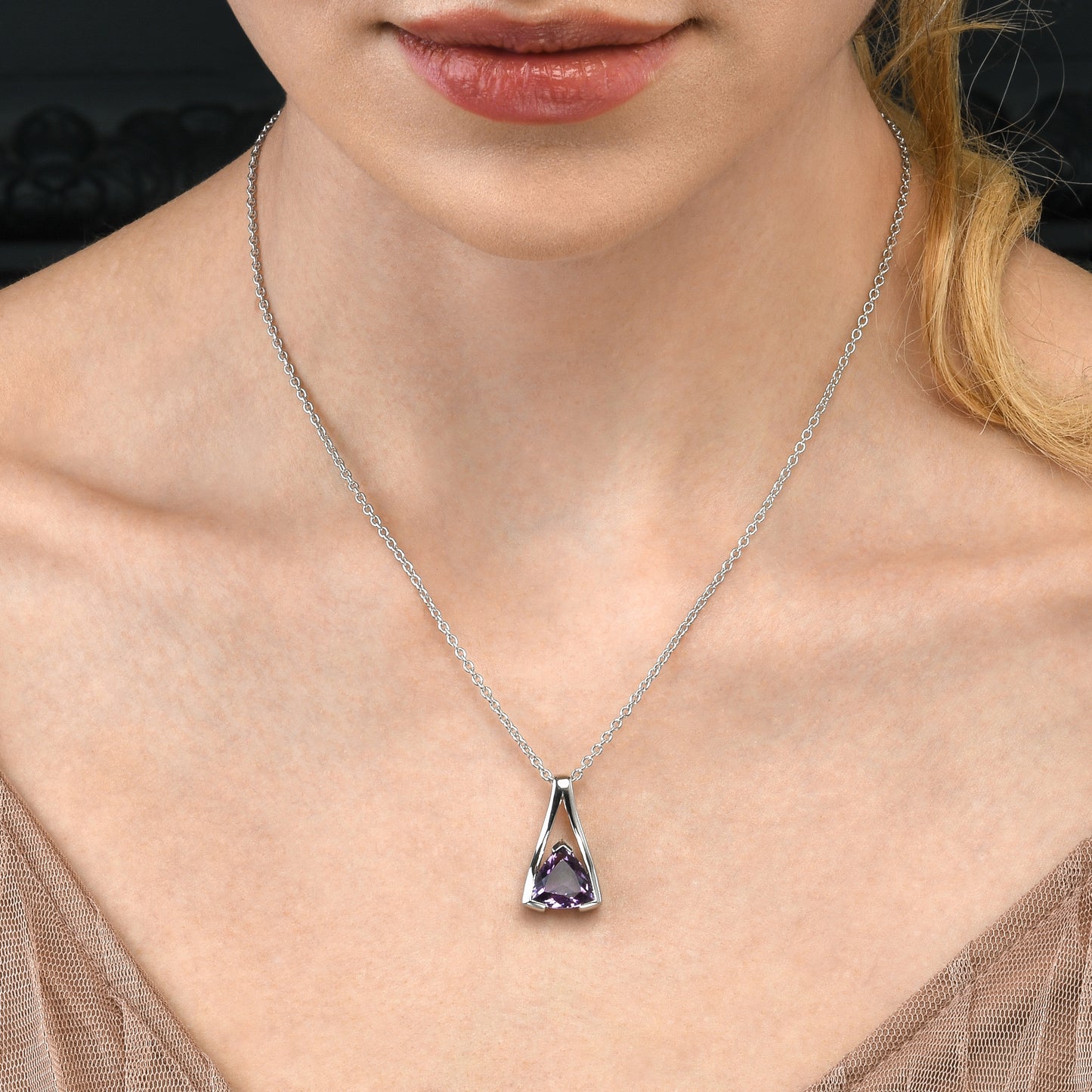 Sterling Silver Amethyst Trillion Pendant Necklace For Women