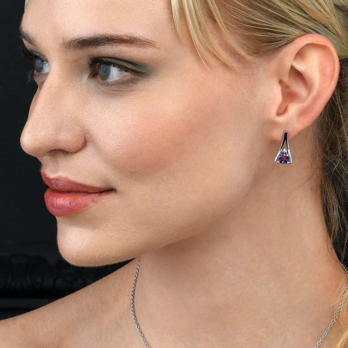 Sterling Silver Trillion Cut Amethyst Gemstone Stud Earrings For Women