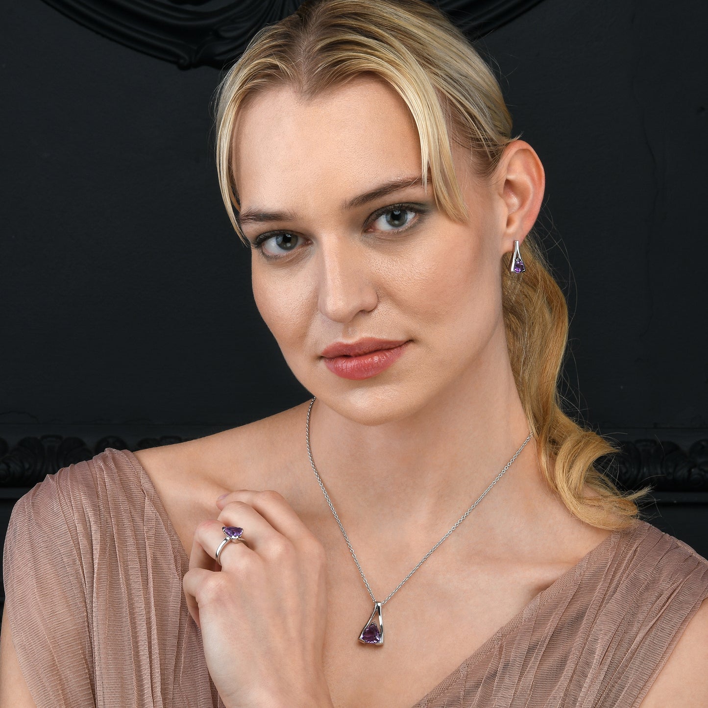 Sterling Silver Amethyst Trillion Pendant Necklace For Women